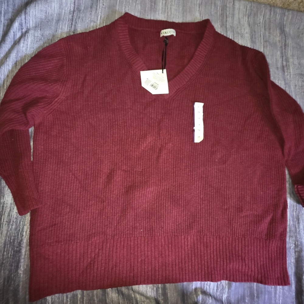 Ava & Viv Women Burgundy Ribbed V-Neck Pullover Sweater NWT 3X